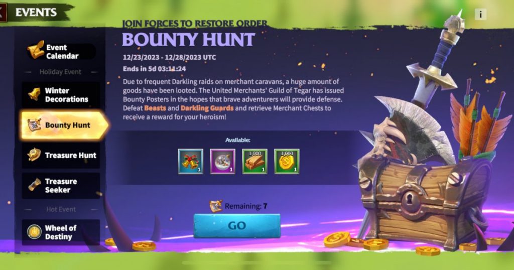 The bounty hunter event overview in the Call of Dragons christmas event.