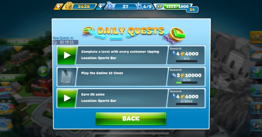 Daily quests mission screen.