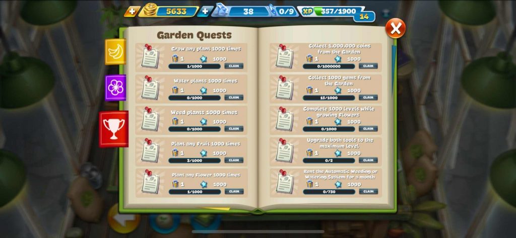 A book of garden quests in Cooking Fever where you can monitor completion progress.
