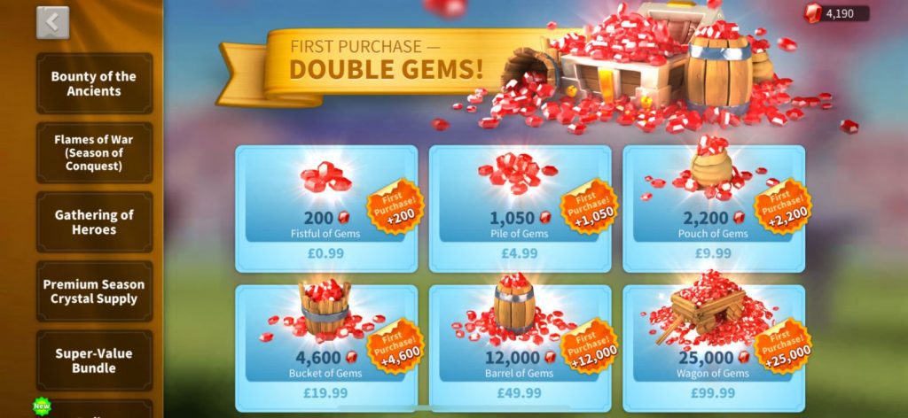 A glance at the Rise of Kingdoms store where bundles can be bought.