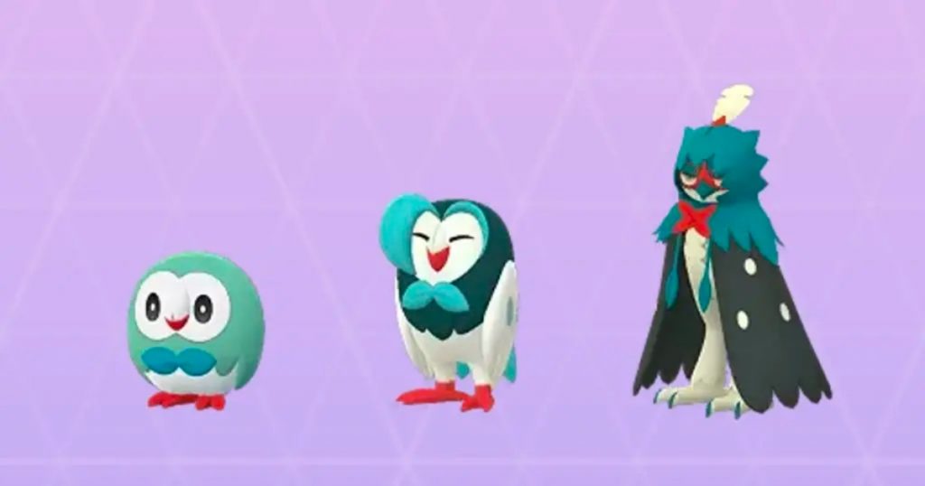 Shiny Rowlet and evolutions appearance showcase.