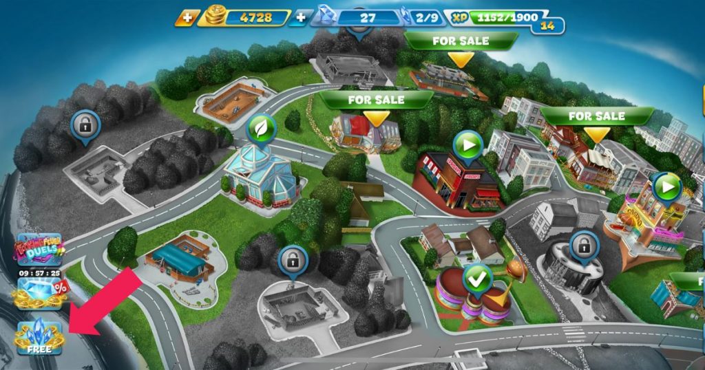 Tapping the video icon in Cooking Fever for free gem rewards.