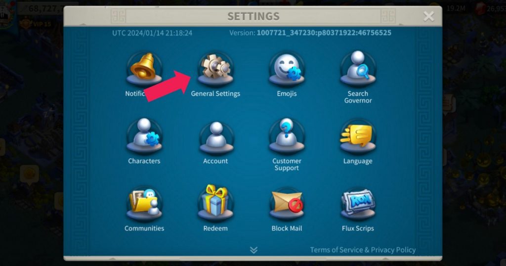 General settings in Rise of Kingdoms.
