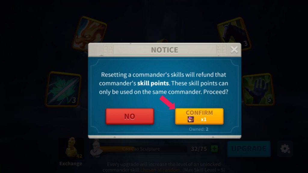 Skill reset confirmation tab.