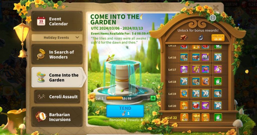 Come into the garden rise of kingdoms 7000 gems event.