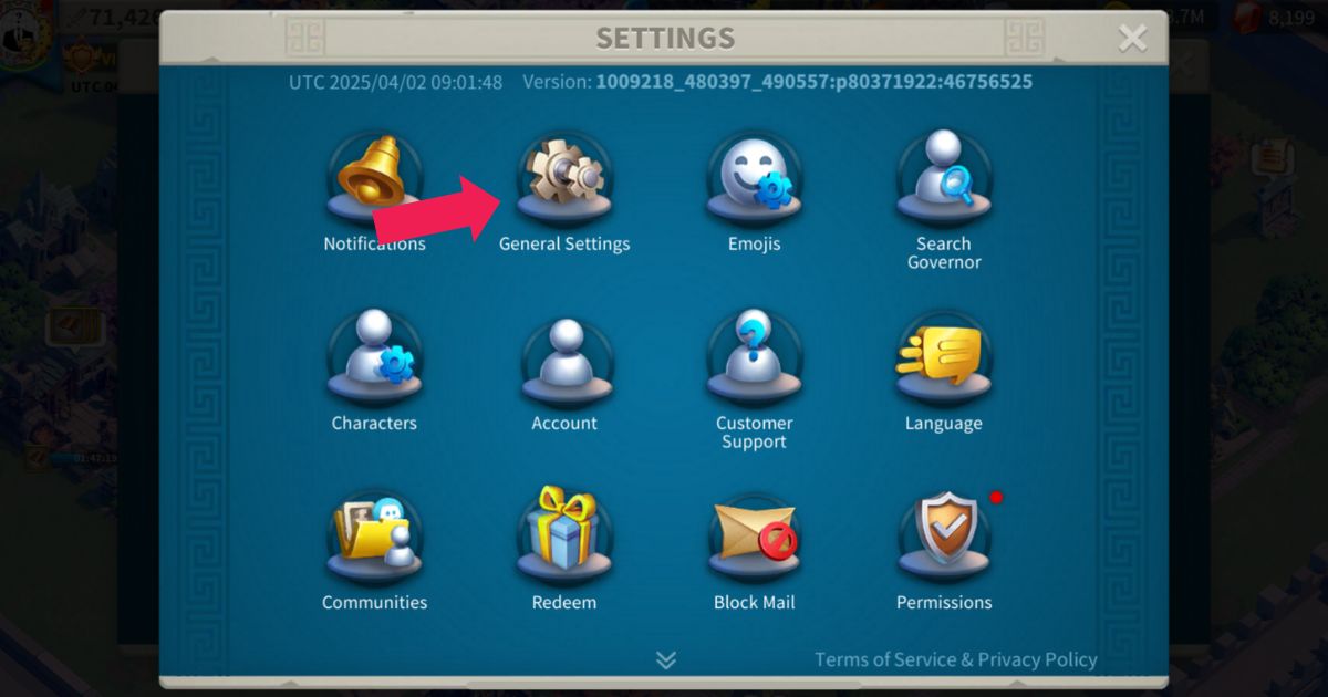 Rise of Kingdoms general settings